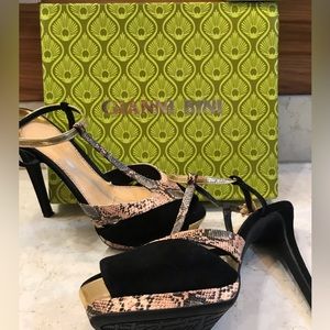 Gianni Bini black suede stiletto’s w/snakeskin accent, gold ankle strap sz 8m